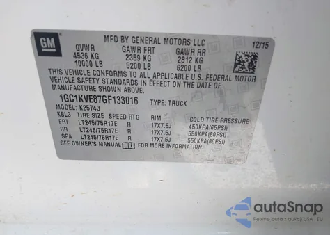 2016 Chevrolet Silverado 2500Hd Lt z USA, uszkodzony, nr VIN 1GC1KVE87GF133016